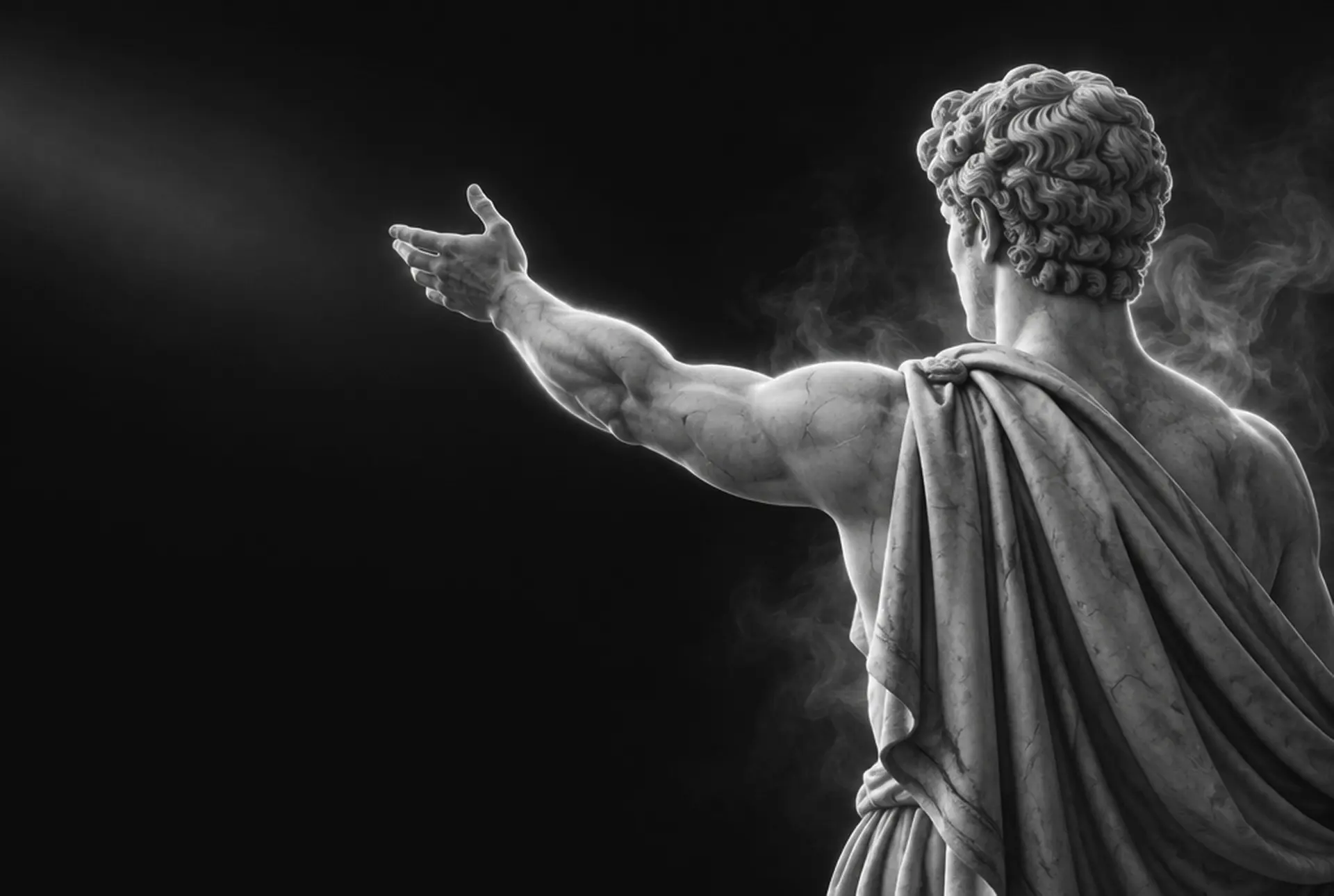 Antike Statue mit ausgebreitetem Arm, Rauch zieht auf