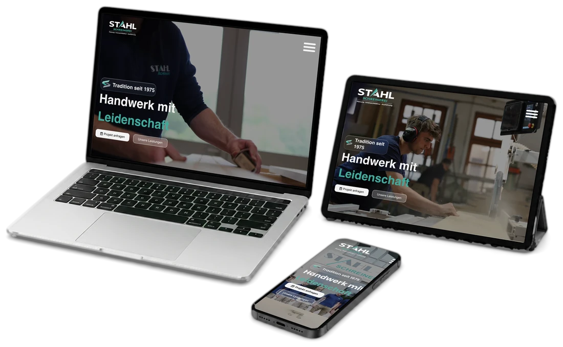 Webseite der Schreinerei Stahl auf Laptop, Tablet und Handy