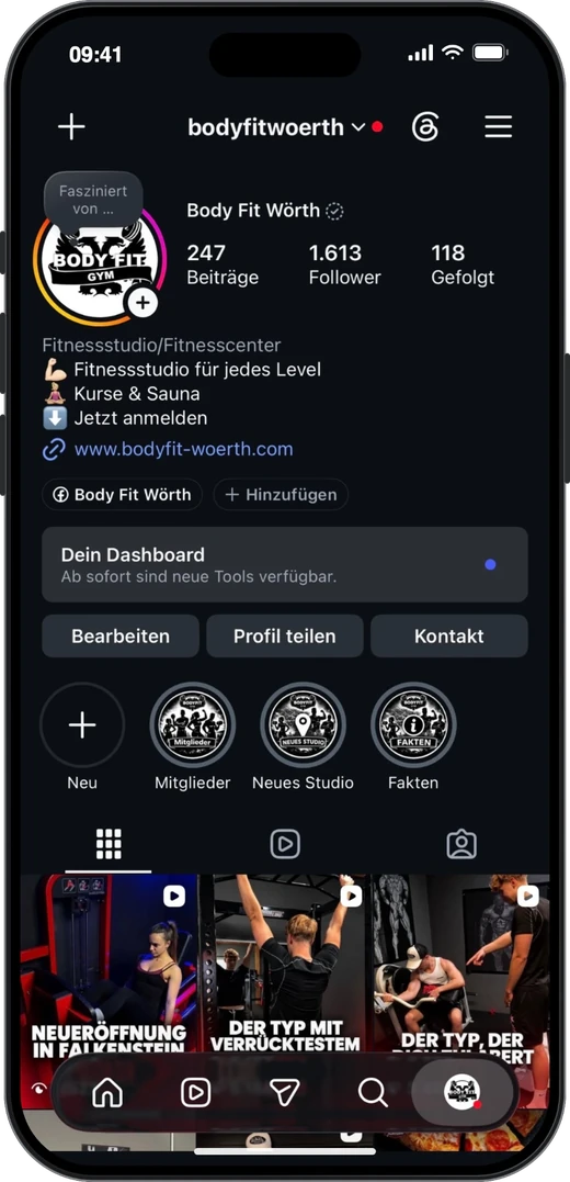 Instagram-Profil von Body Fit Wörth auf dem Handy